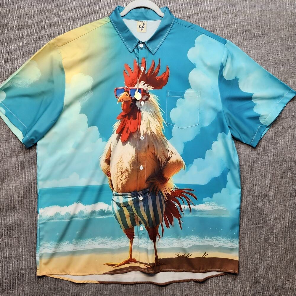 Hardaddy Mens 3XLT Hawaiian Beach Chicken Button Up Shirt Funny Graphic Tall